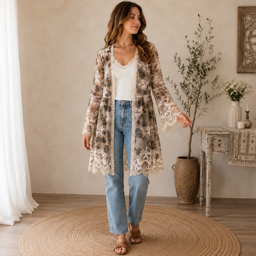 Origami Womens Sheer Lace Mesh Duster Cardigan M/L Leopard Floral Boho Romantic